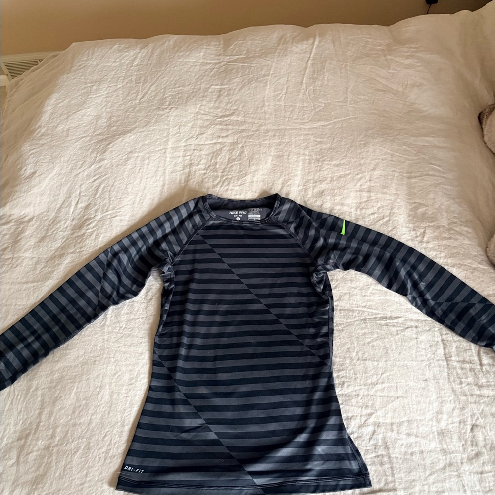 Nike Pro Black and Gray Striped Shirt